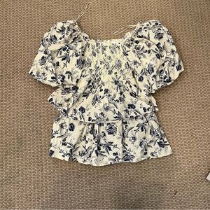 Smocked Floral Puff-Sleeve Mini Dress in White & Navy